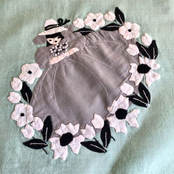 Vintage Hand Applique Tablecloth & 4 Napkins Green & Grey 40s Southern Belle - Picture 3 of 13
